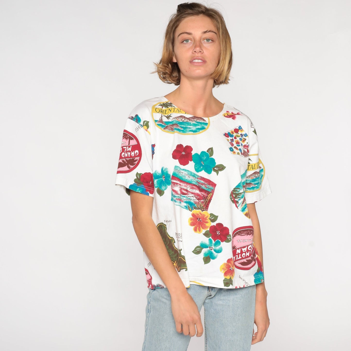 90s Hawaii Map Floral Graphic T-Shirt Mokuoloe Island Cotton Medium