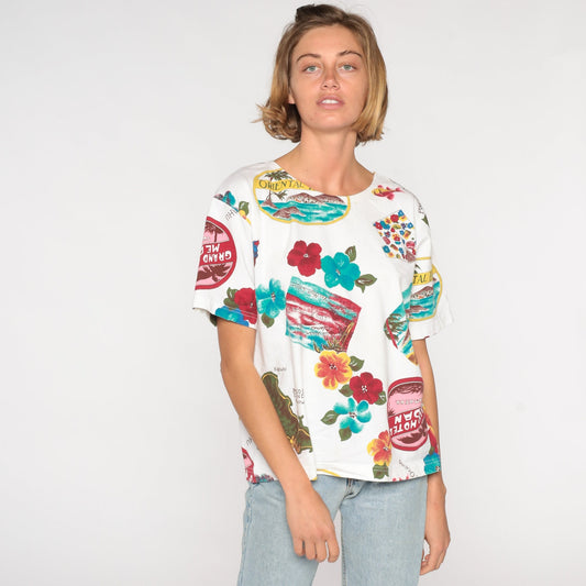 90s Hawaii Map Floral Graphic T-Shirt Mokuoloe Island Cotton Medium