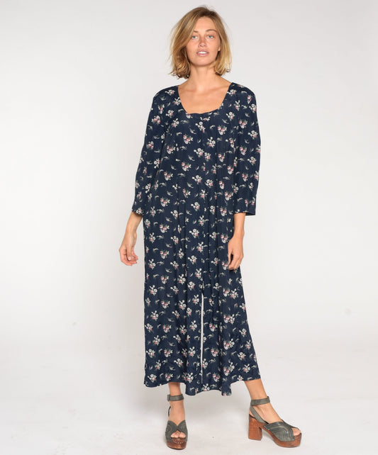 90s Navy Floral Wide Leg Jumpsuit Long Sleeve Rear Zipper Plus Size XXL