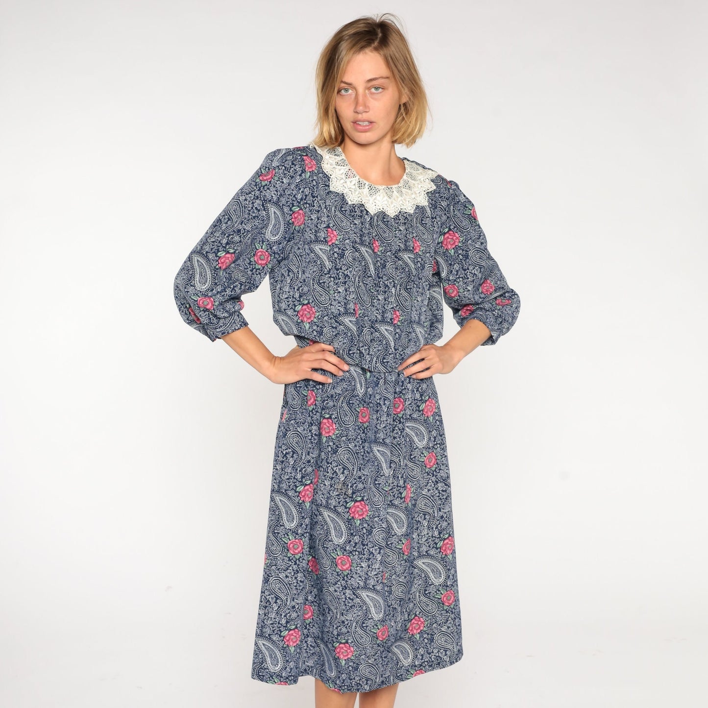 80s Navy Floral Paisley Midi Dress Lace Collar Puff Sleeve High Waist Medium