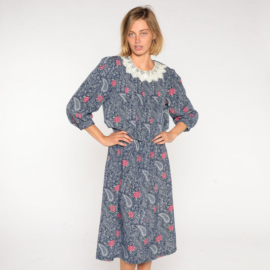 80s Navy Floral Paisley Midi Dress Lace Collar Puff Sleeve High Waist Medium