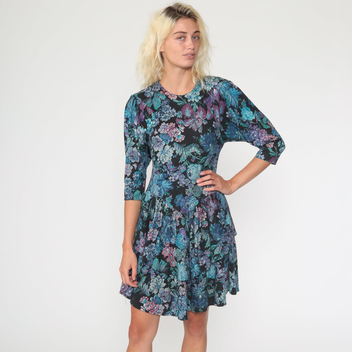 80s Tapestry Floral Mini Dress Puff Sleeve Drop Waist Black Blue Extra Small