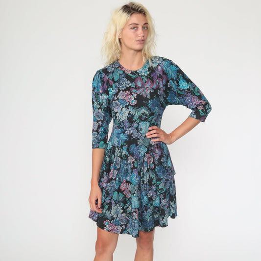 80s Tapestry Floral Mini Dress Puff Sleeve Drop Waist Black Blue Extra Small