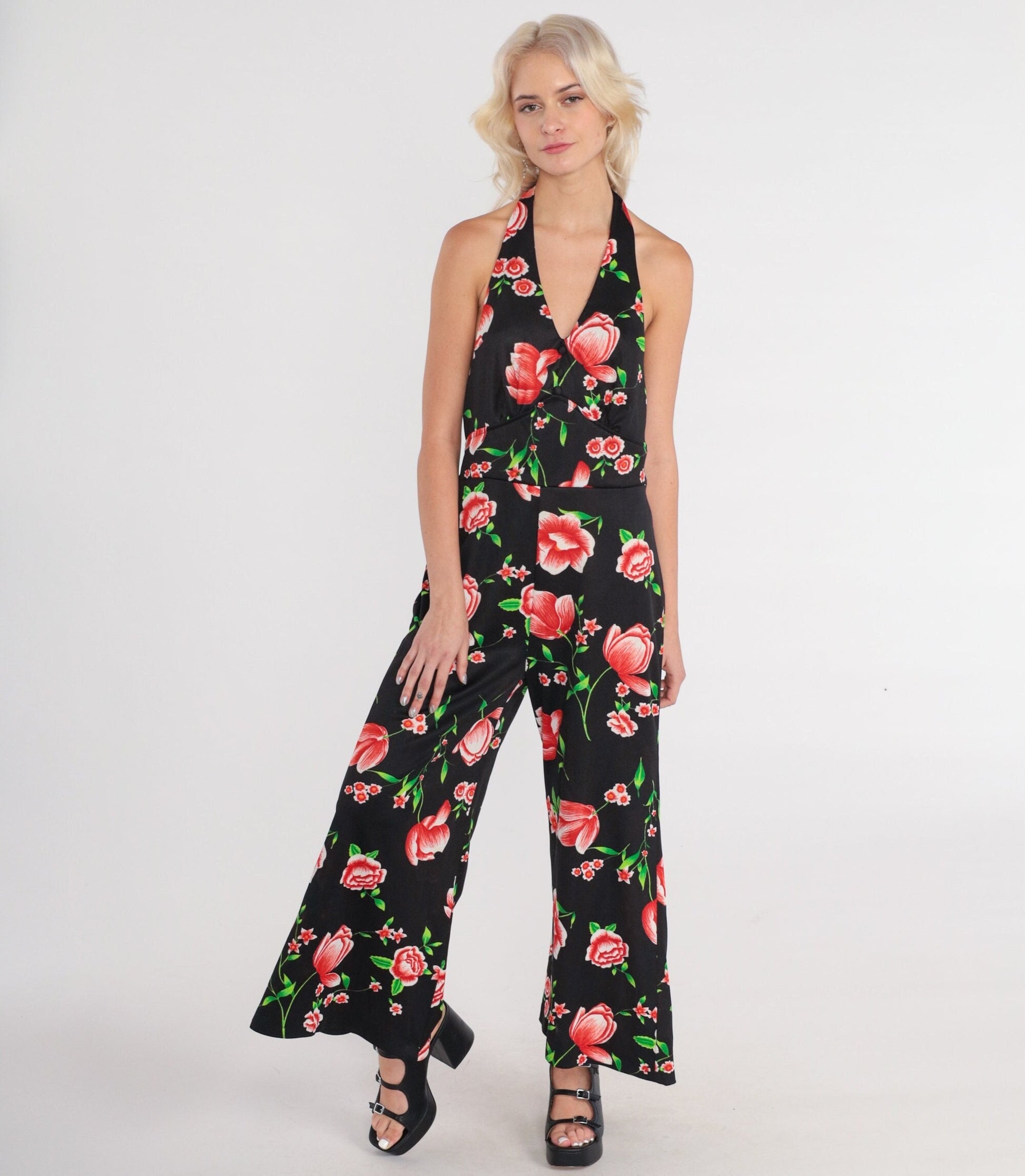 70s Black Floral Halter Jumpsuit Bell Bottom Wide Leg Medium M