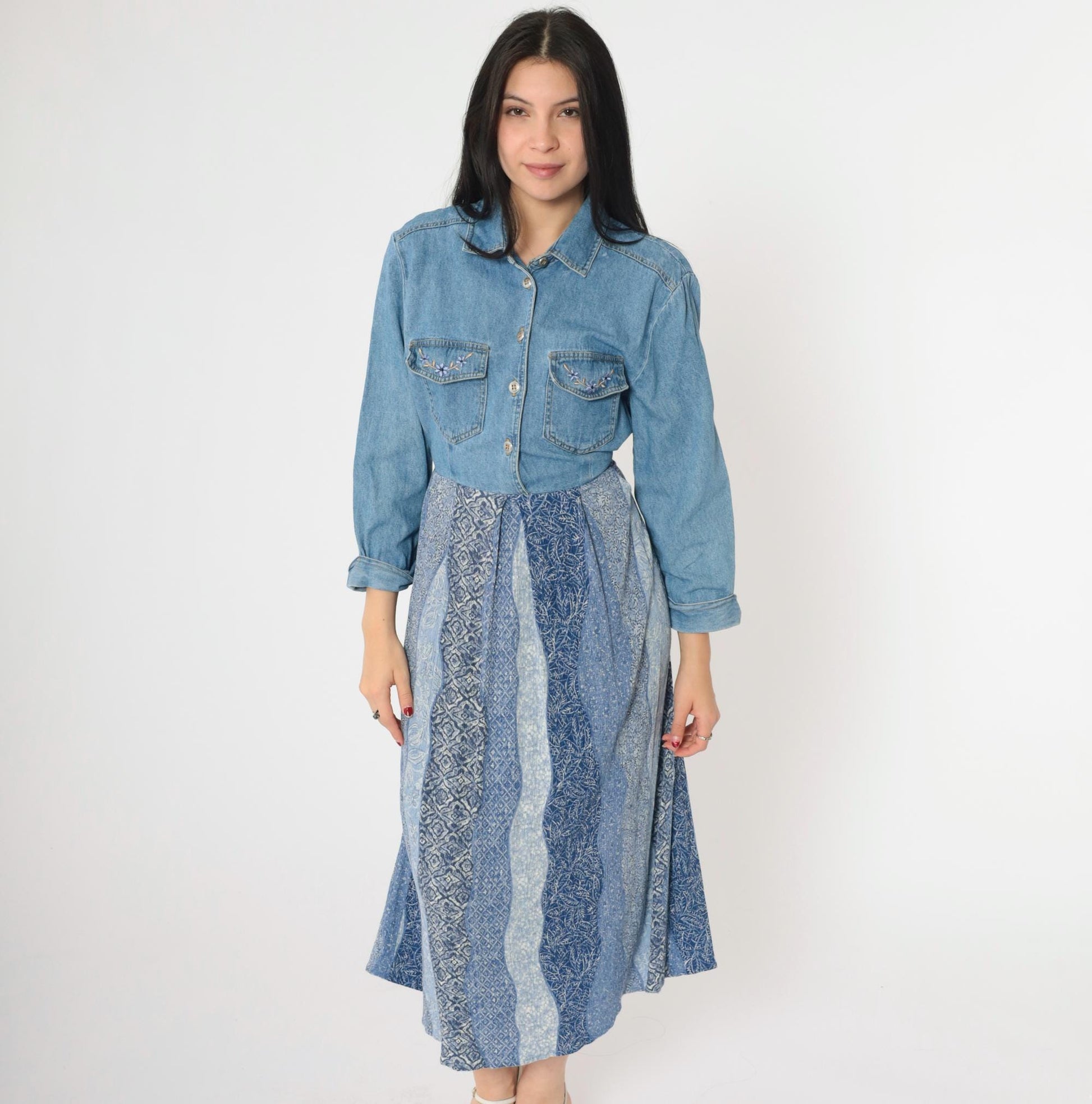 90s Nina Piccalino Denim Dress Floral Embroidered Patchwork Midi Medium