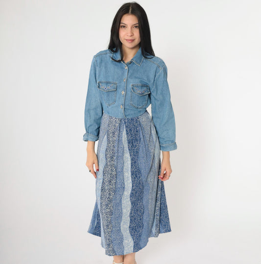 90s Nina Piccalino Denim Dress Floral Embroidered Patchwork Midi Medium