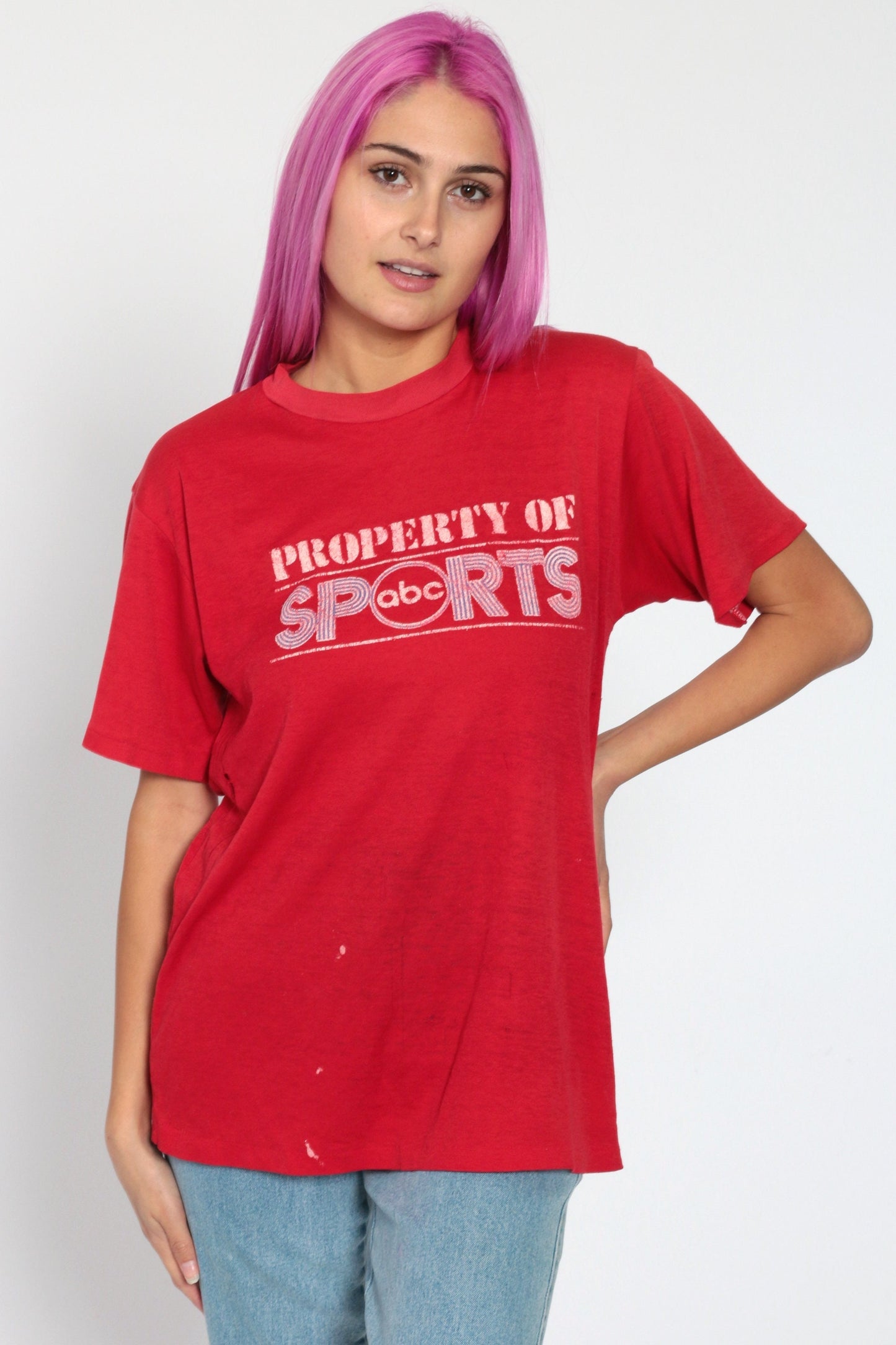 80s ABC Sports Graphic T-Shirt Red Cotton Tee Medium