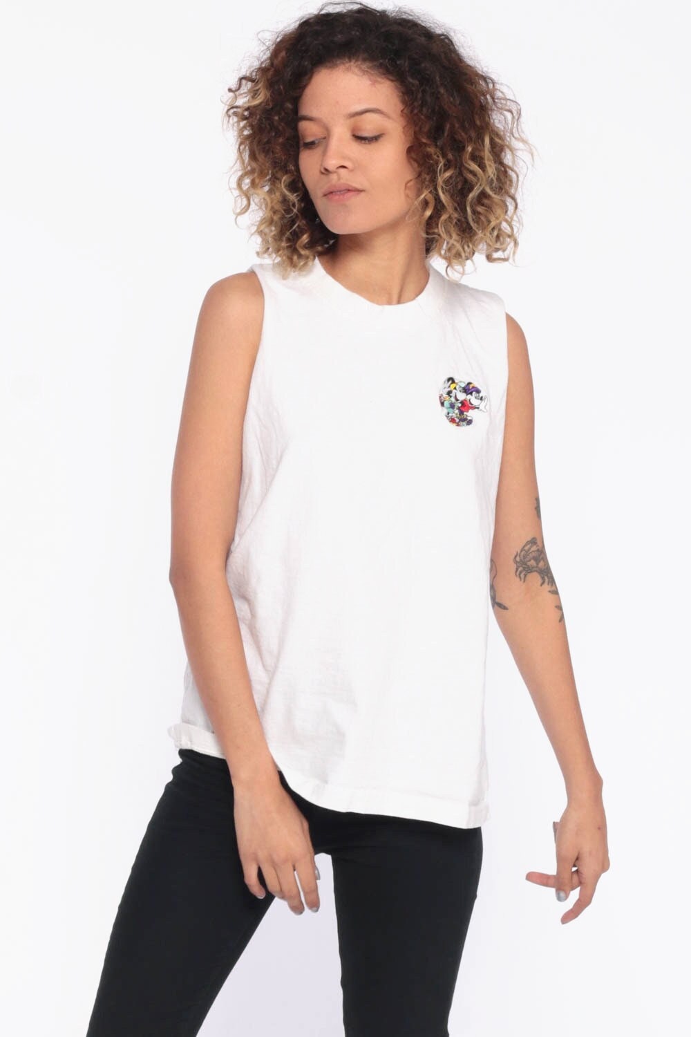 80s Mickey & Minnie Mouse Roller Skating Tank Top White Cotton Medium