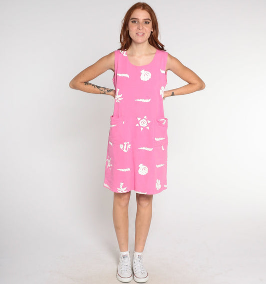 90s Pink Tropical Mini Dress Fish Shell Sun Print Sleeveless Small