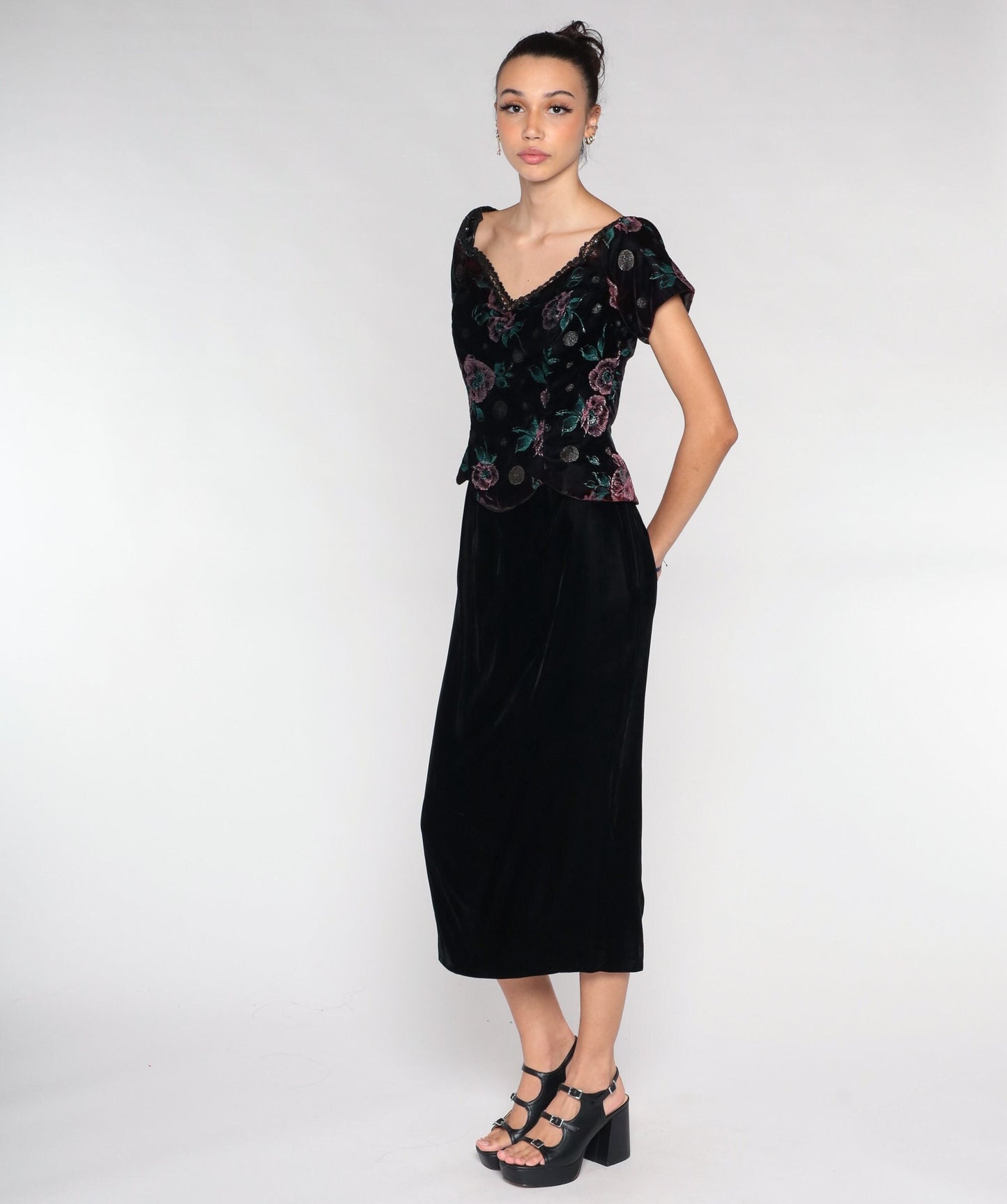 90s Scott McClintock Velvet Midi Dress Floral Bodice Wine Black Small S