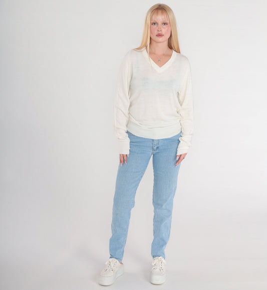 80s White V-Neck Knit Pullover Sweater Semi-Sheer Small S