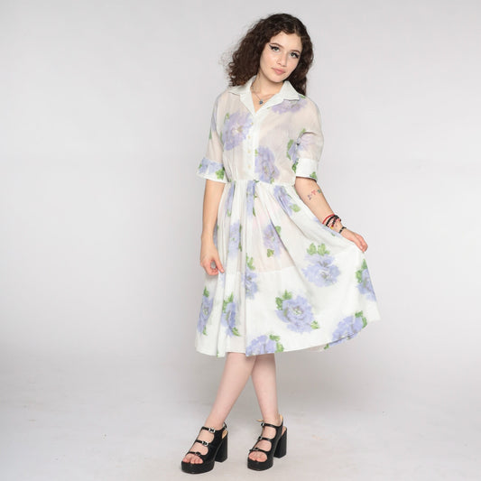 60s Floral Shirtwaist Dress White Lavender Button-Up Midi Small