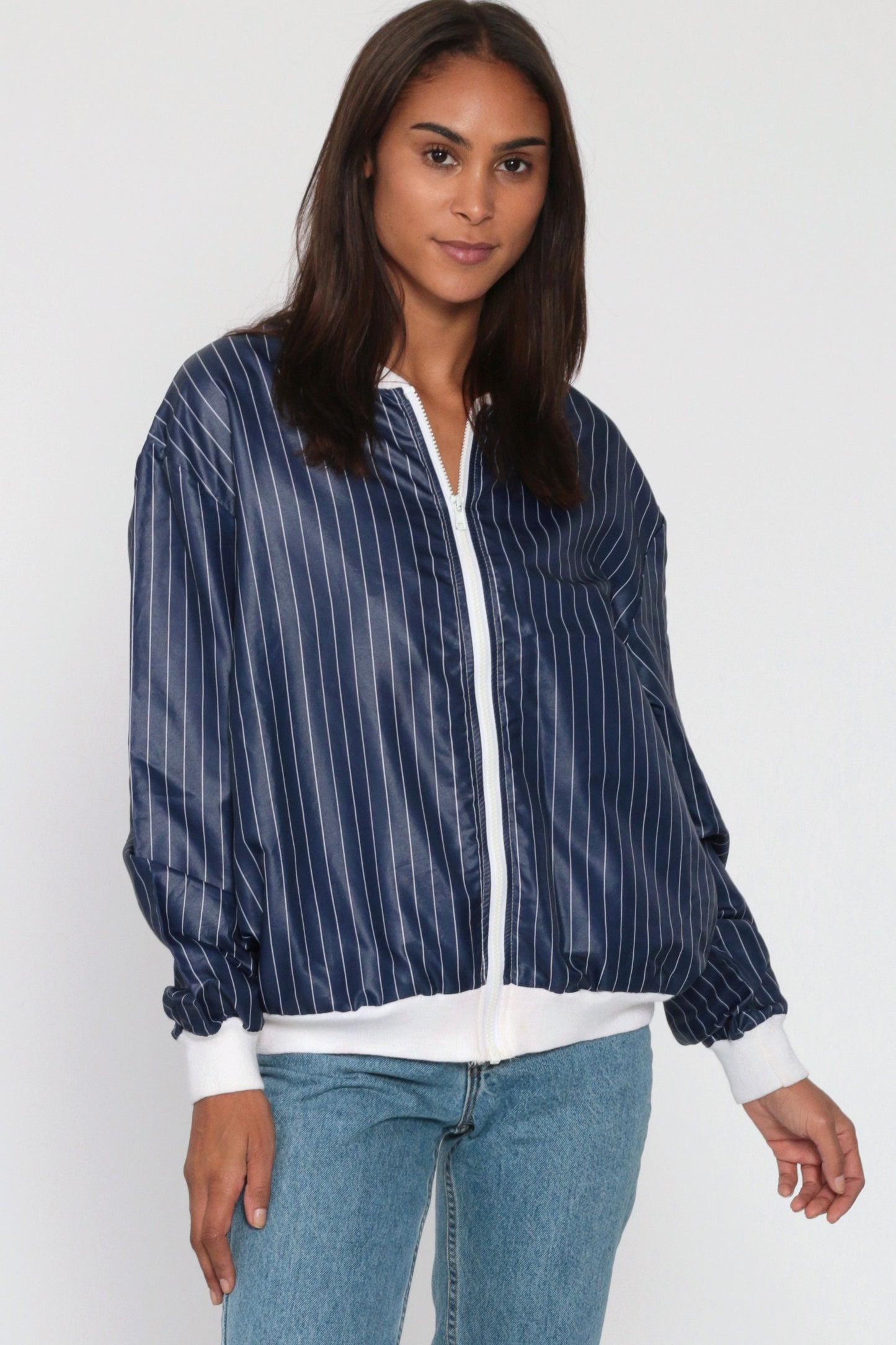 80s Pierre Cardin Striped Bomber Jacket Blue White Nylon Windbreaker Medium Large