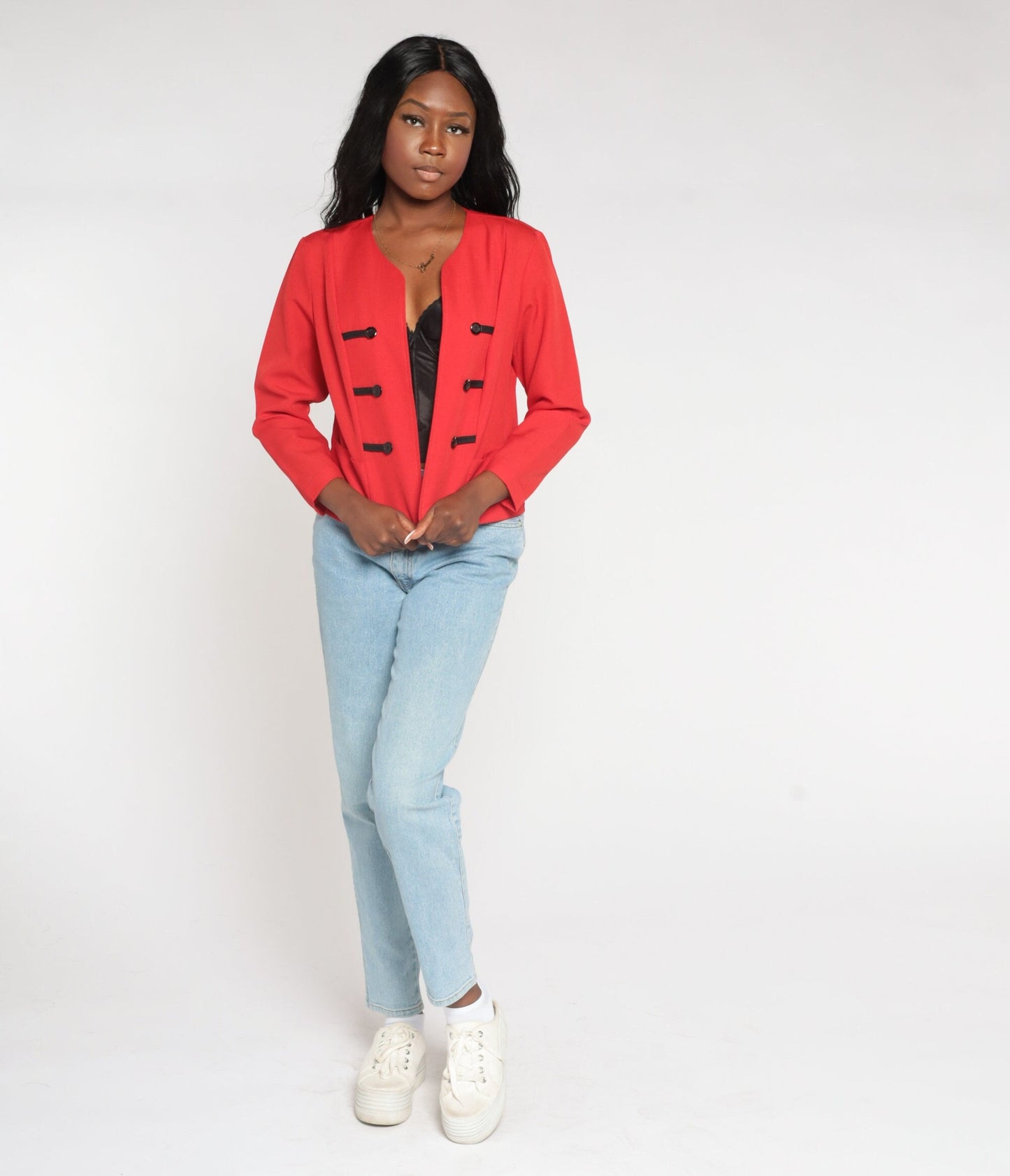 80s Red Cropped Blazer Black Button Open Front Jacket Small
