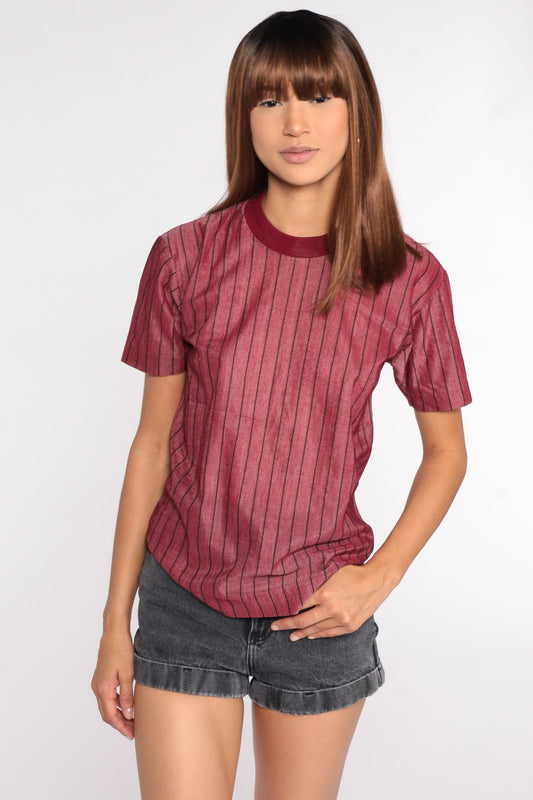 80s Striped Ringer T-Shirt Burgundy Minimalist Tee Small