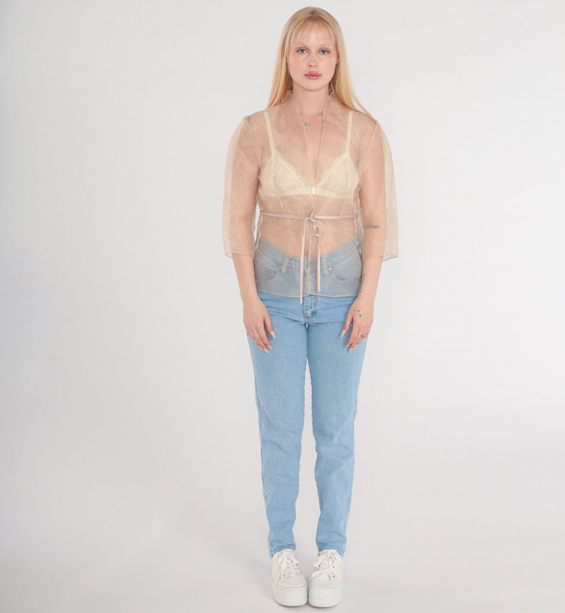 00s Sheer Tan Organza Jacket Tie Front Long Sleeve Medium Large