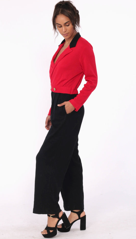 80s Color Block Jumpsuit Red Black Wrap V-Neck Small