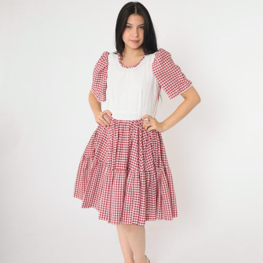 70s Red Gingham Prairie Dress Puff Sleeve Eyelet Lace High Waist Small Medium