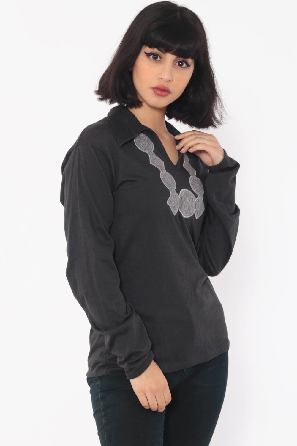 70s Esprit Black Embroidered Blouse V-Neck Collared Long Sleeve Medium