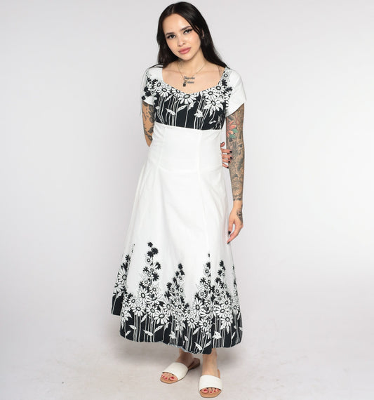 90s Jodi Of California Floral Midi Dress Black White Daisy Empire Waist Small