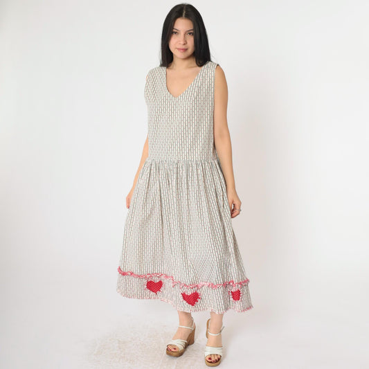 80s Heart Striped Midi Jumper Dress Low Armhole V Neck Small Medium