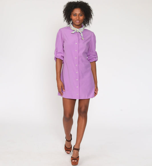 70s Purple Ascot Shift Mini Dress Long Sleeve Button Up Small Medium
