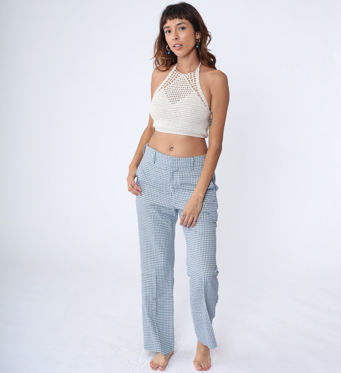 80s Checkered Straight Leg Trousers White Blue Navy Plaid Mid Rise Medium