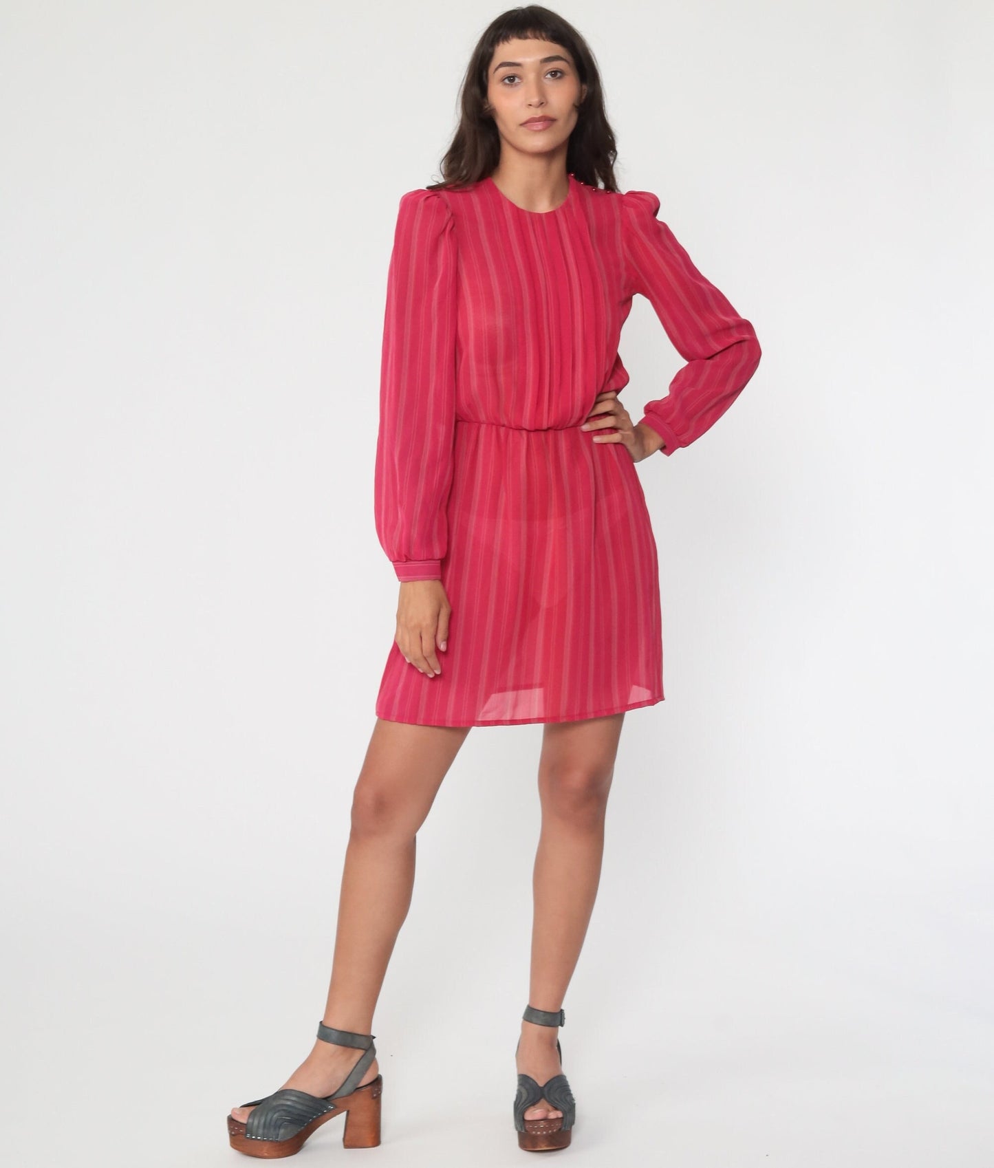 80s Puff Sleeve Mini Dress Red Striped Semi-Sheer Polyester Extra Small