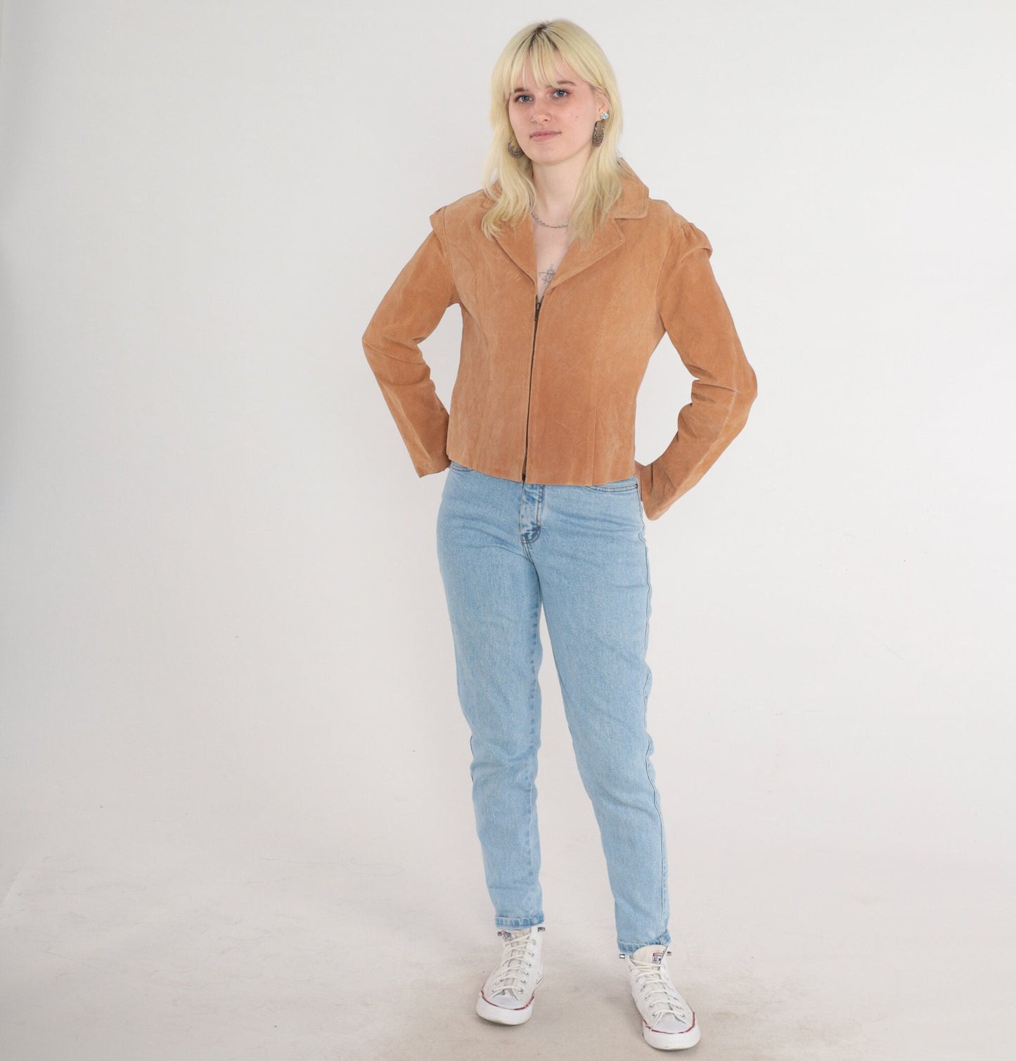 90s Tan Suede Zip Jacket Moto Blazer Leather Small