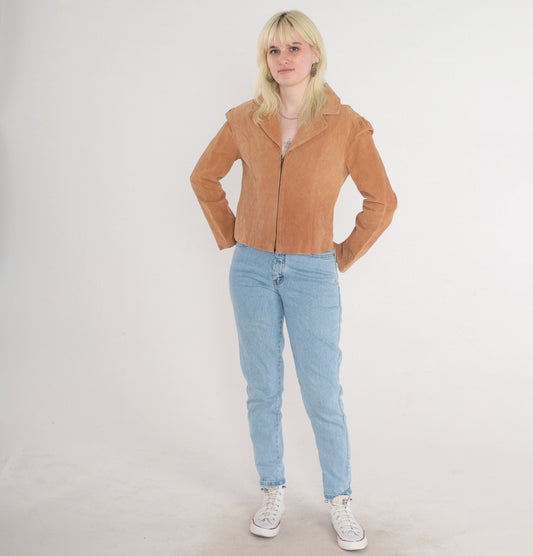 90s Tan Suede Zip Jacket Moto Blazer Leather Small