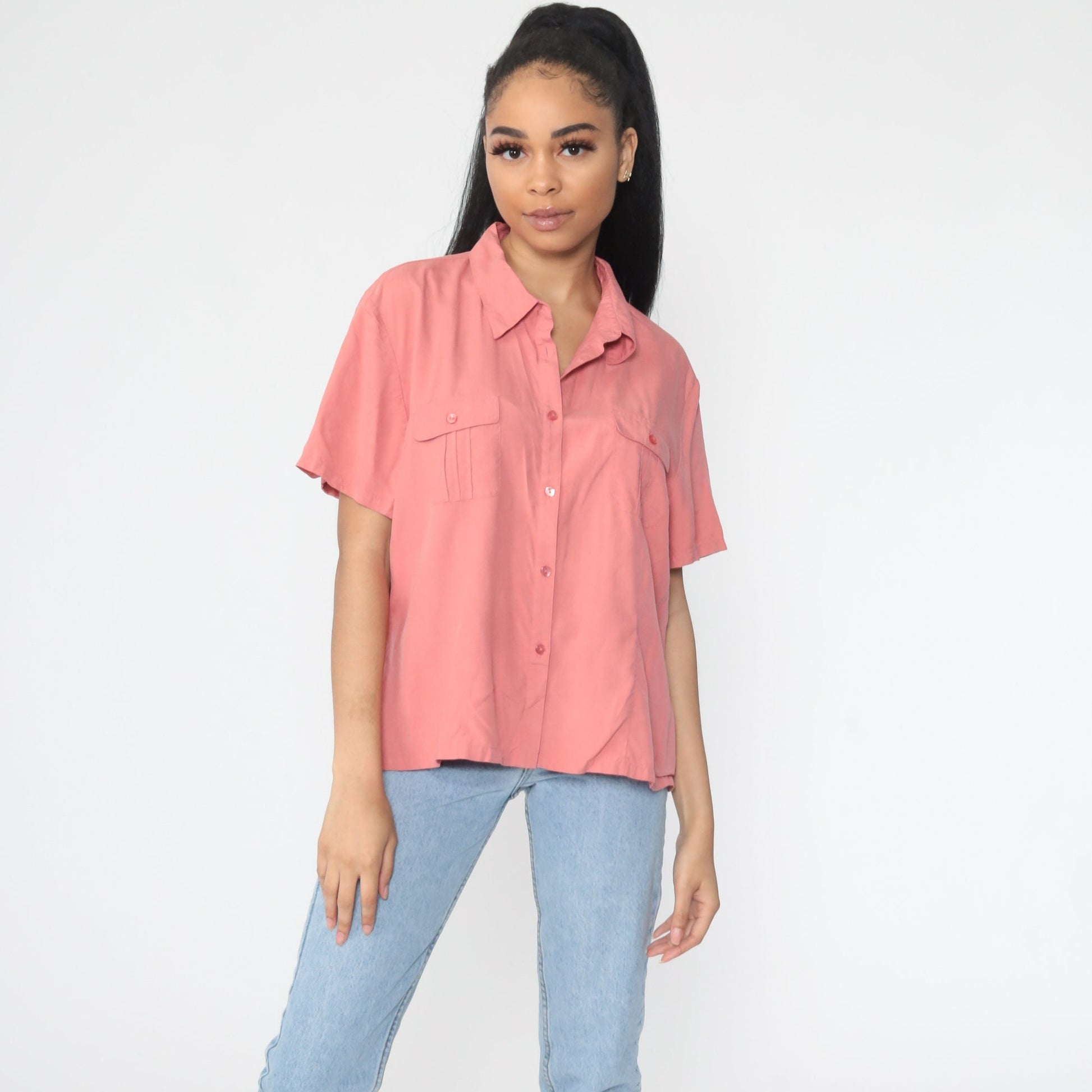 90s Pink Silk Button-Up Shirt Short Sleeve Blouse Large