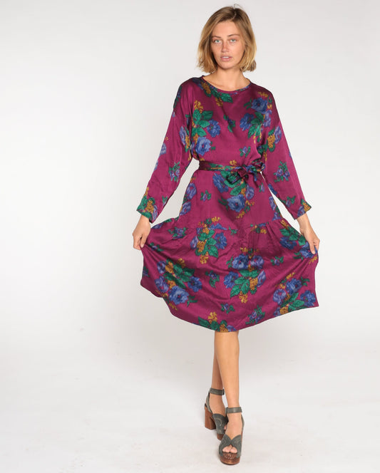 90s Purple Floral Midi Dress Long Sleeve Tie Belt Medium