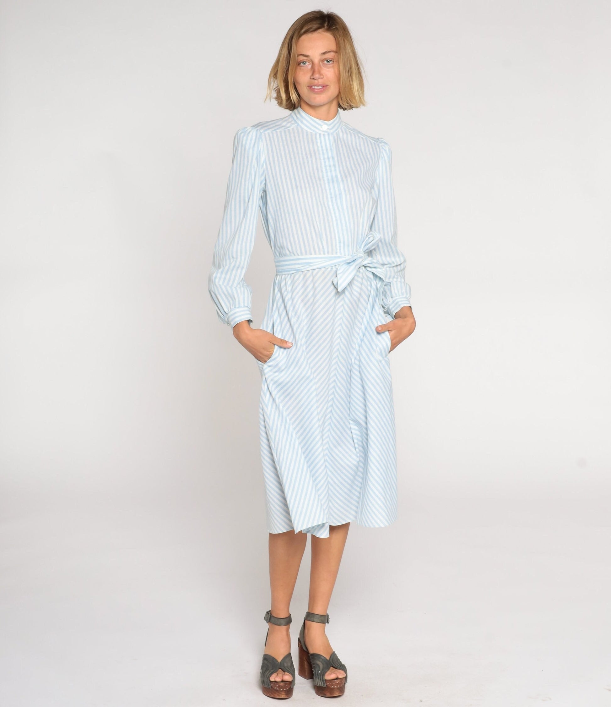 80s Blue White Striped Midi Shirtdress High Waist Puff Sleeve Medium