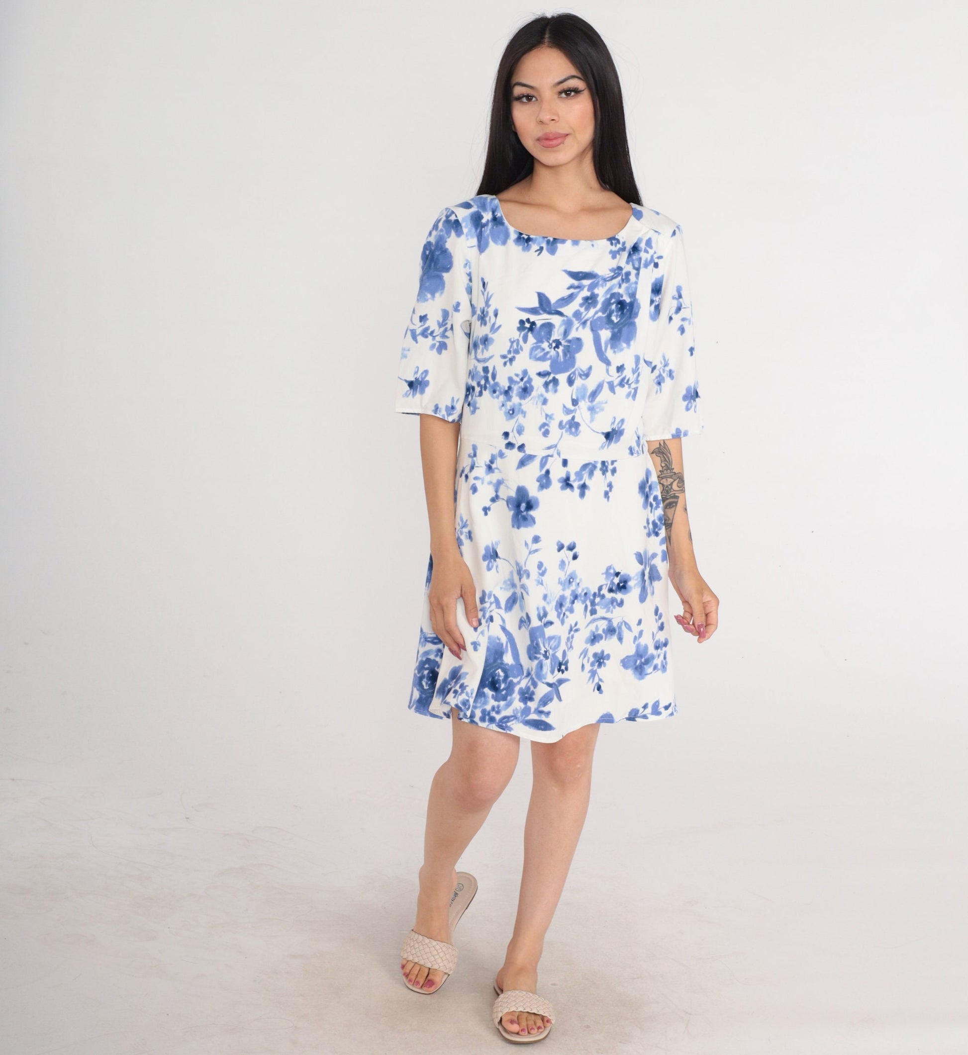 00s White Blue Floral Mini Dress High Waist A-Line Short Sleeve Large
