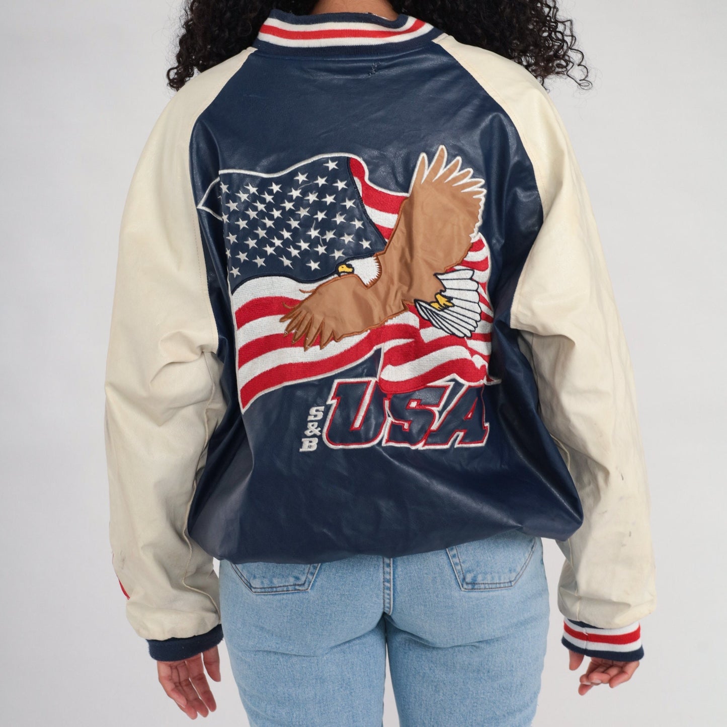 00s Steve & Barry's Eagle USA Bomber Jacket Navy Wool Large