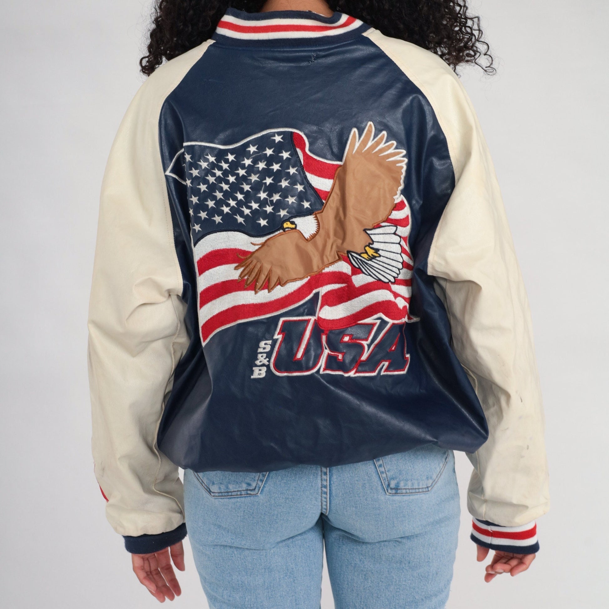 00s Steve & Barry's Eagle USA Bomber Jacket Navy Wool Large