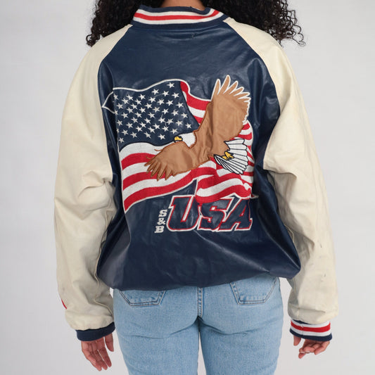 00s Steve & Barry's Eagle USA Bomber Jacket Navy Wool Large