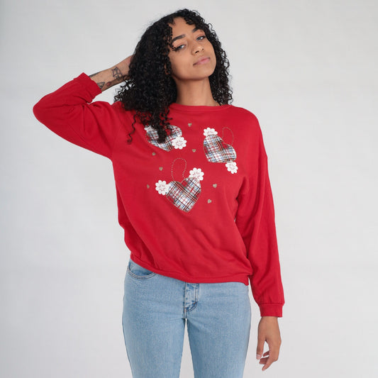 90s Red Plaid Heart Sweatshirt Gold Glitter Crewneck Pullover Medium