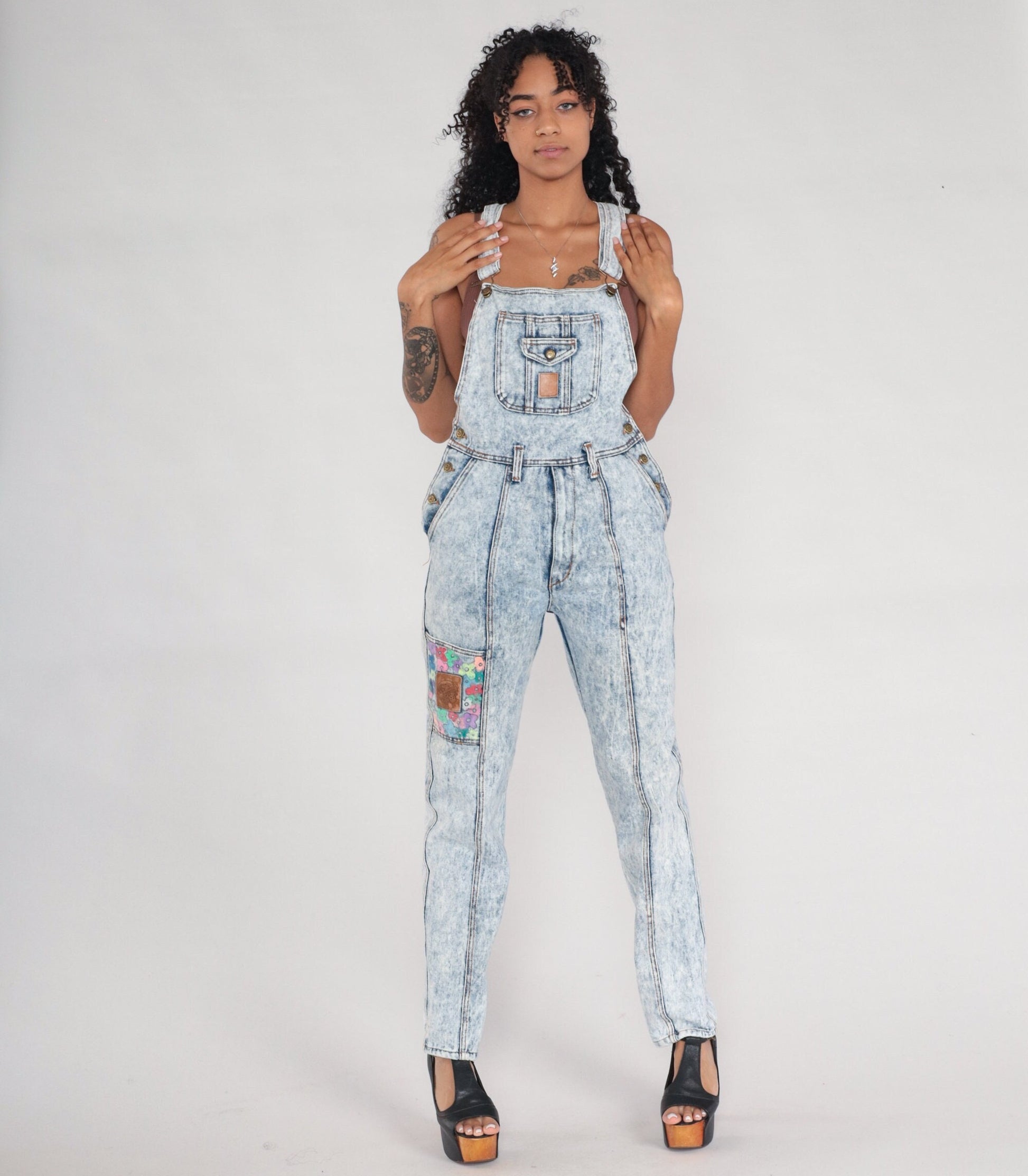 90s Acid Wash Denim Overalls Neon Floral Hand Painted Tapered Bib Small
