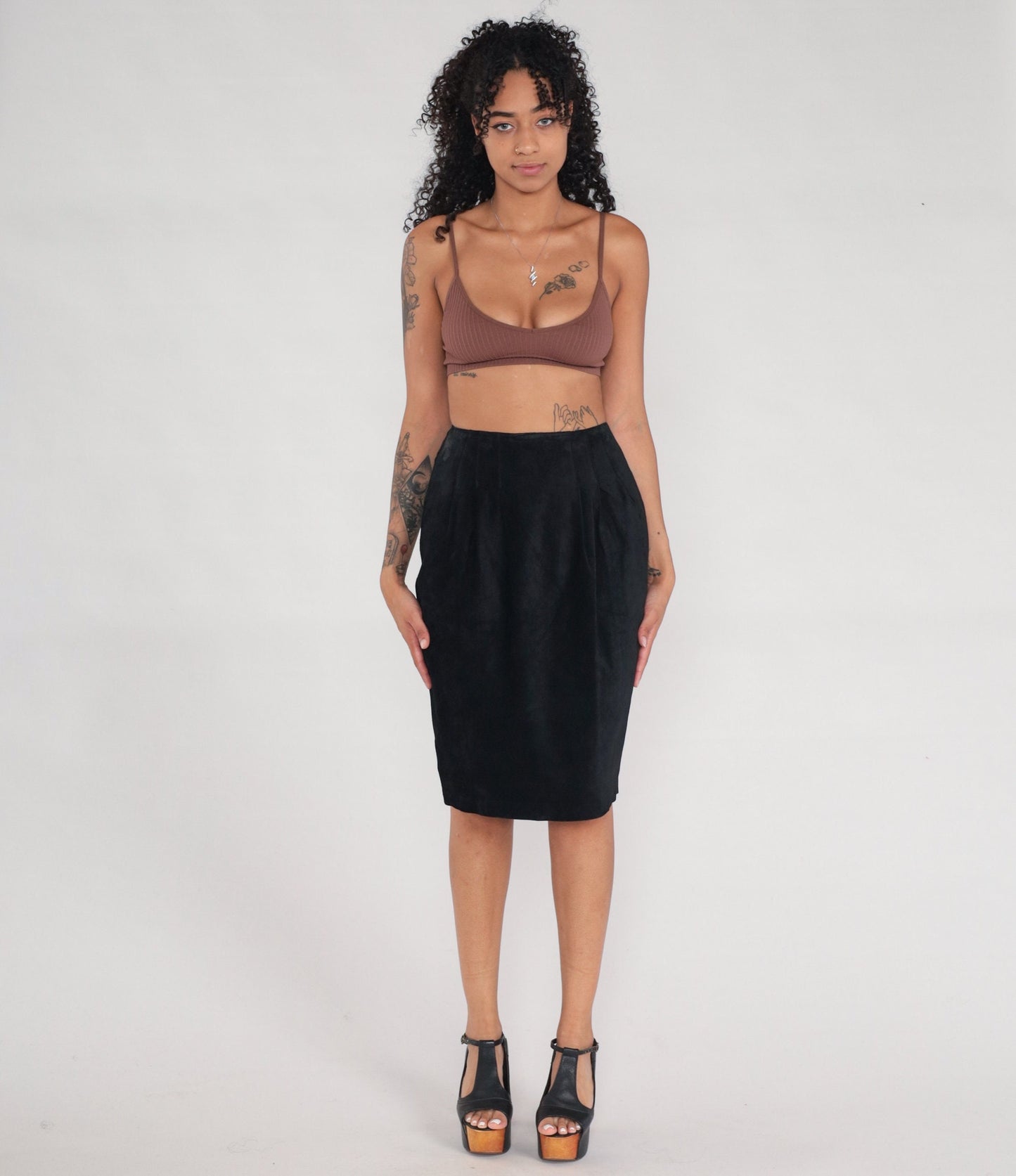 90s Black Suede Pencil Skirt Midi High Waist Pig Leather Small
