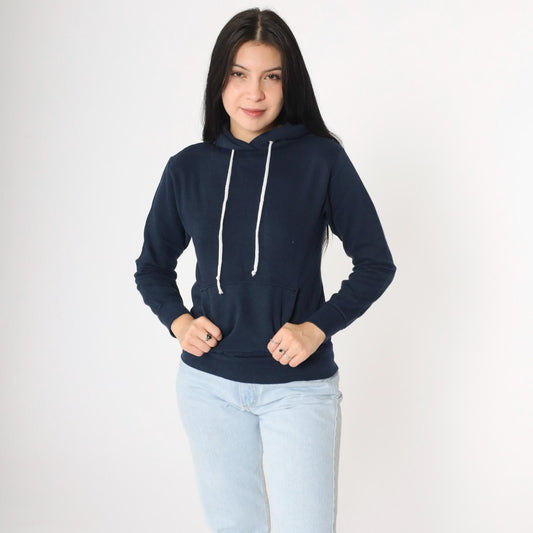 80s Navy Hoodie Sweatshirt Kangaroo Pocket Drawstring Extra Small