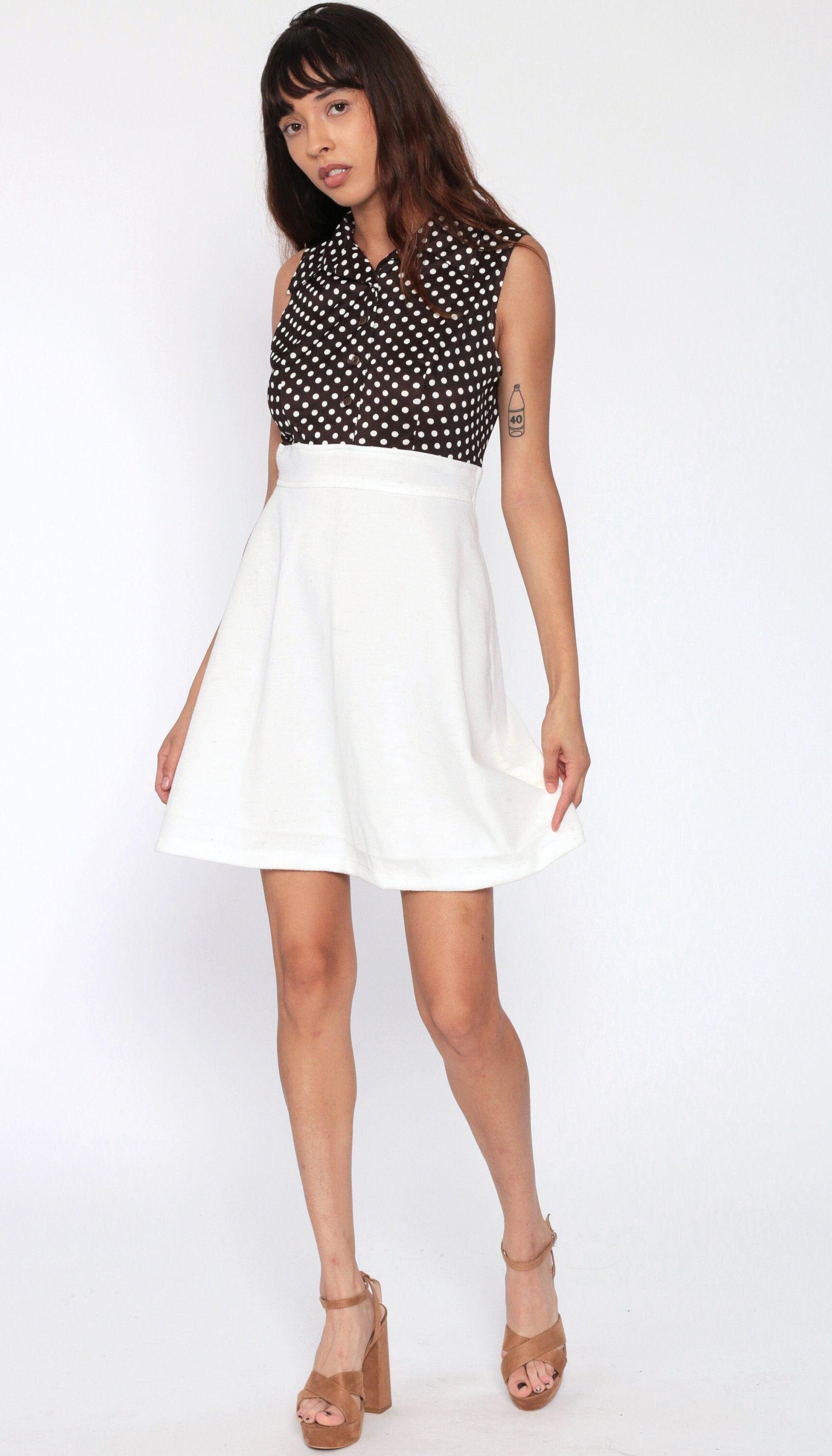 70s Brown Polka Dot Babydoll Dress Empire Waist Button Front Mini White Small