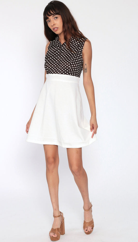 70s Brown Polka Dot Babydoll Dress Empire Waist Button Front Mini White Small