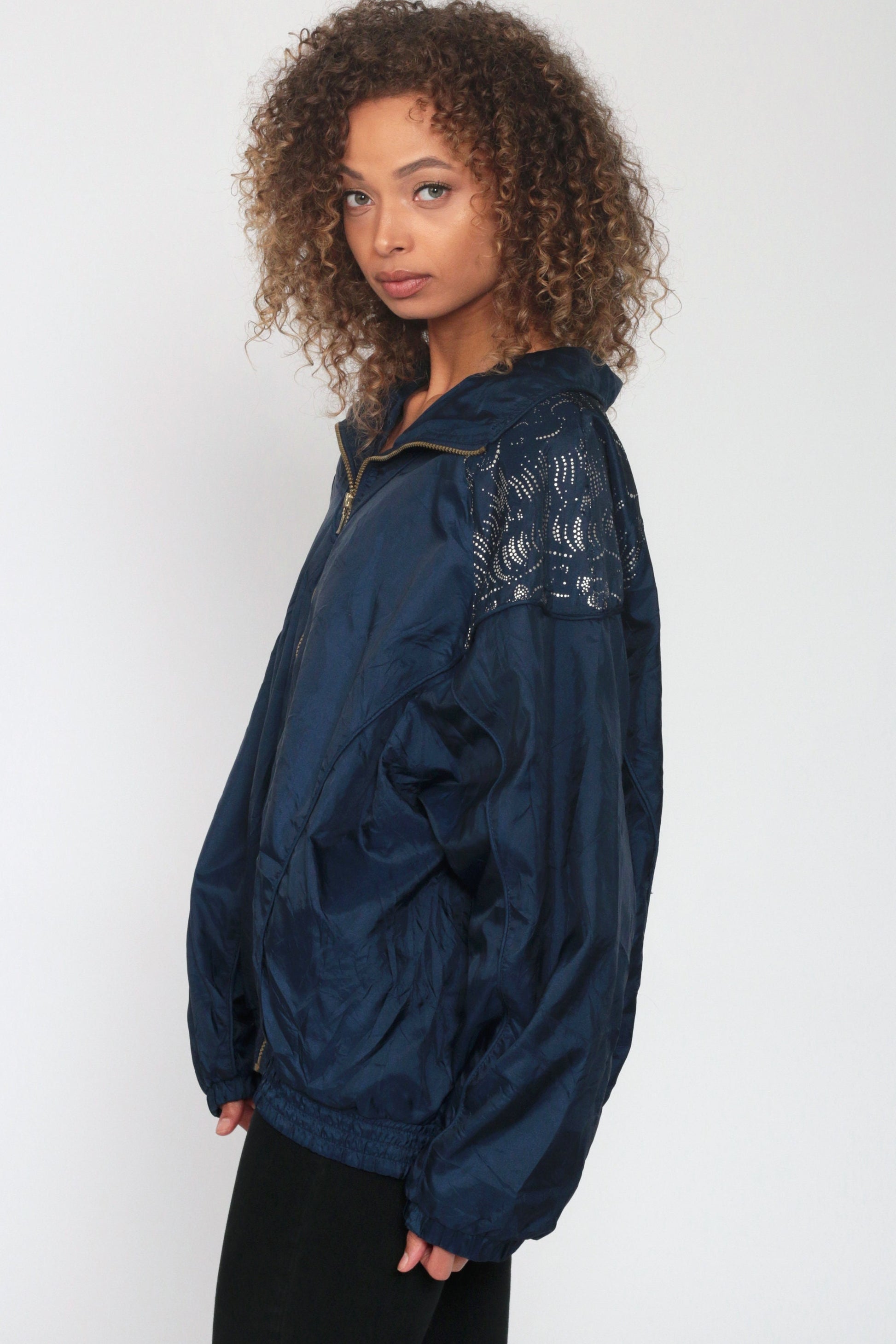 90s Shiny Blue Nylon Windbreaker Jacket Metallic Trim Plus Size XXL