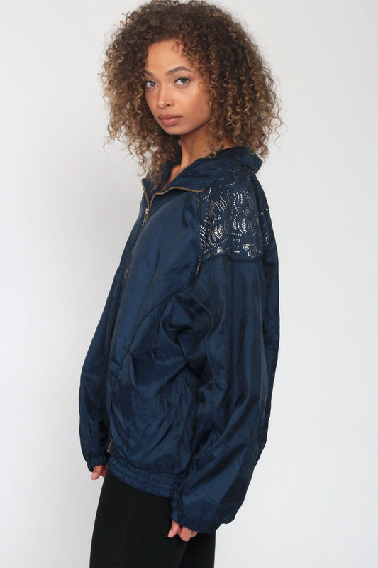 90s Shiny Blue Nylon Windbreaker Jacket Metallic Trim Plus Size XXL