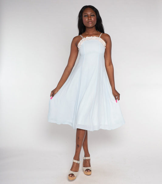 90s Pale Blue Midi Dress Pearl Beaded Rosette Neckline Sleeveless Extra Small