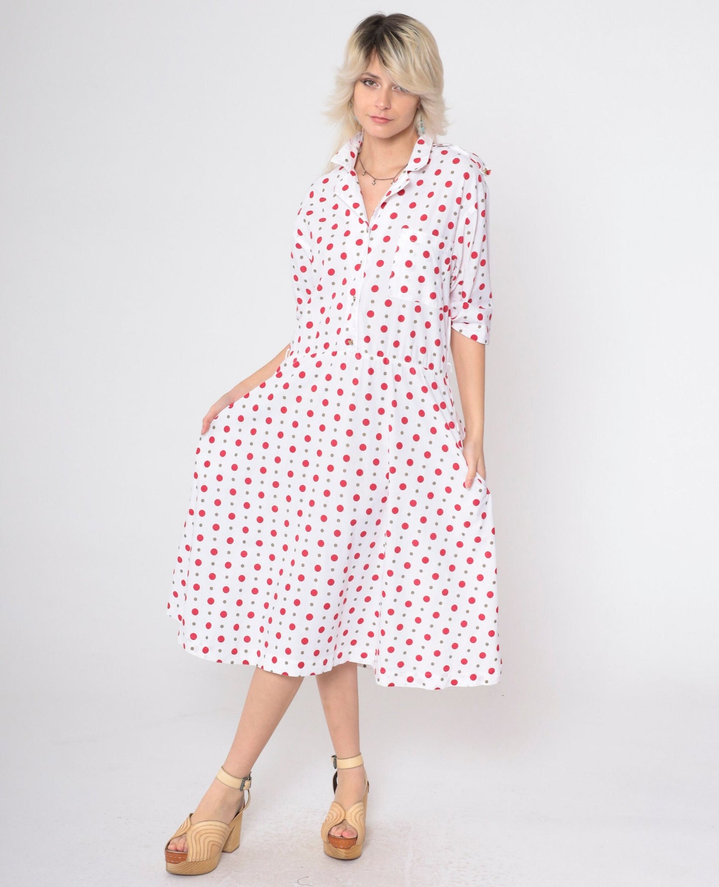 80s Polka Dot Button-Up Midi Dress White Red Short Sleeve Low Waist Medium