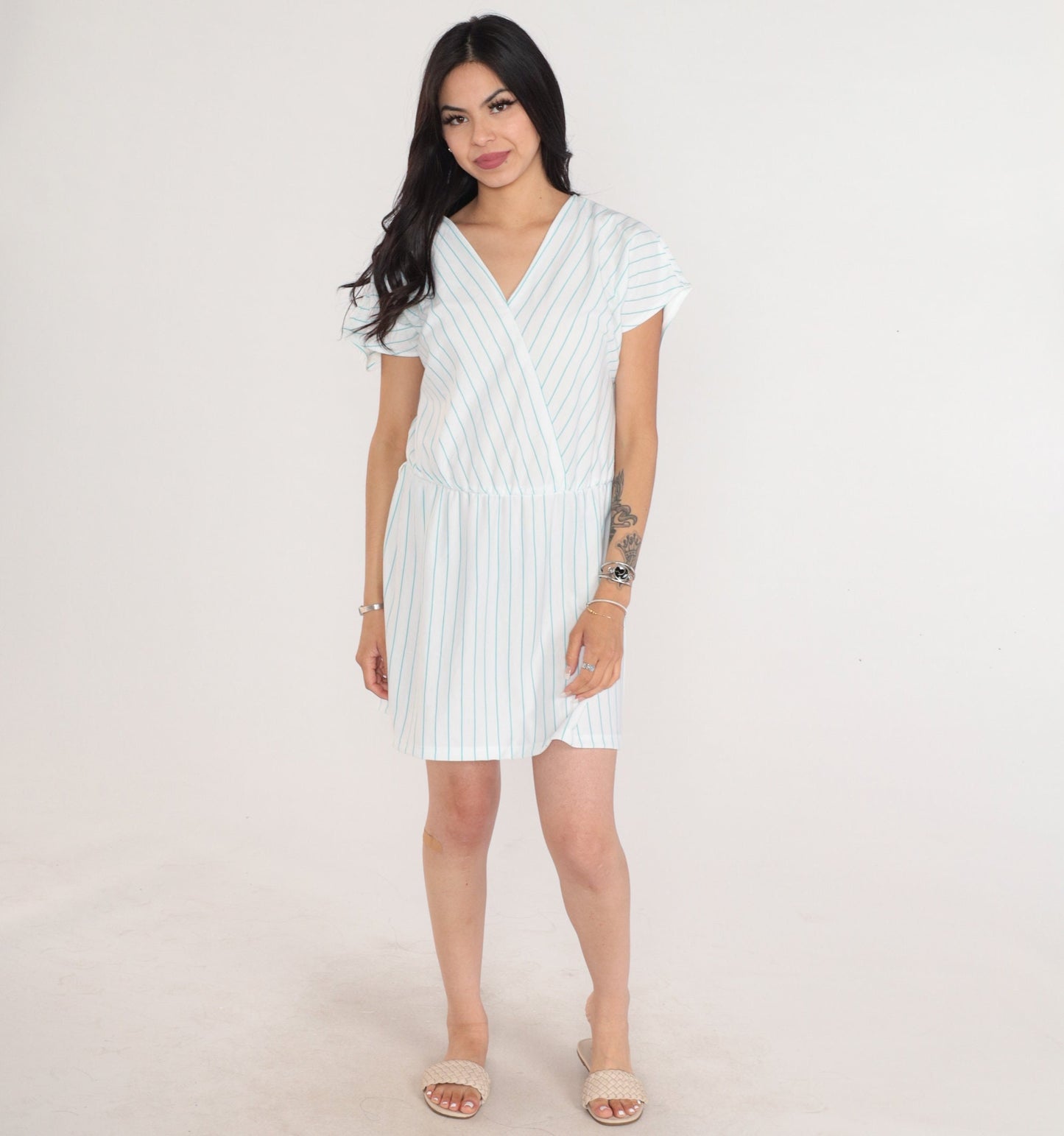 80s White Blue Striped Mini Dress V-Neck Faux Wrap High Waist Medium Large