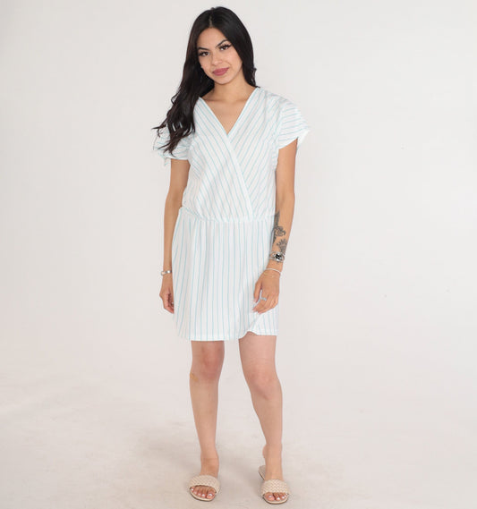 80s White Blue Striped Mini Dress V-Neck Faux Wrap High Waist Medium Large