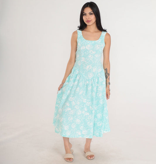 80s Joni Blair Floral Midi Sundress Light Aqua Cotton Basque Waist Small